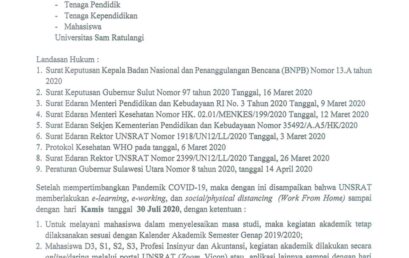 PERPANJANGAN KEBIJAKAN DALAM MENYIKAPI PENYEBARAN CORONA VIRUS DISEASE-19 (COVID-19) DI UNIVERSITAS SAM RATULANGI