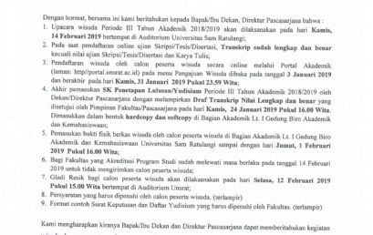 Pemberitahuan Wisuda UNSRAT Periode III Tahun Akademik 2018/2019