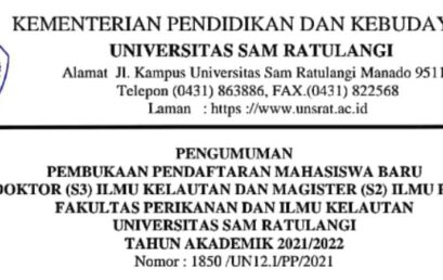 Pengumuman Pembukaan Pendaftaran Mahasiswa Baru Program Doktor (S3) Ilmu Kelautan dan Magister (S2) Ilmu Perairan Fakultas Perikanan dan Ilmu Kelautan Universitas Sam Ratulangi Tahun Akademik 2021/2022