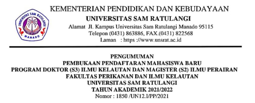 Pengumuman Pembukaan Pendaftaran Mahasiswa Baru Program Doktor (S3) Ilmu Kelautan dan Magister (S2) Ilmu Perairan Fakultas Perikanan dan Ilmu Kelautan Universitas Sam Ratulangi Tahun Akademik 2021/2022