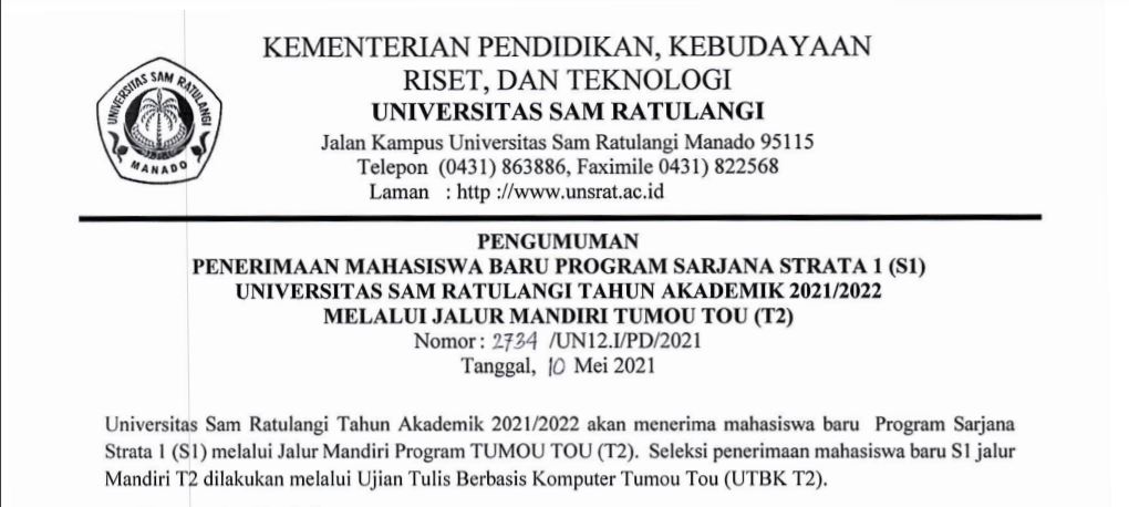 PENGUMUMAN PENERIMAAN MAHASISWA BARU PROGRAM SARJANA STRATA 1 (T2)