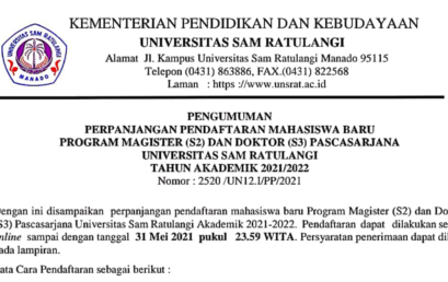 Pengumuman Perpanjangan Pendaftaran Mahasiswa Baru Program Magister dan Doktor Pascasarjana UNSRAT 2021/2022