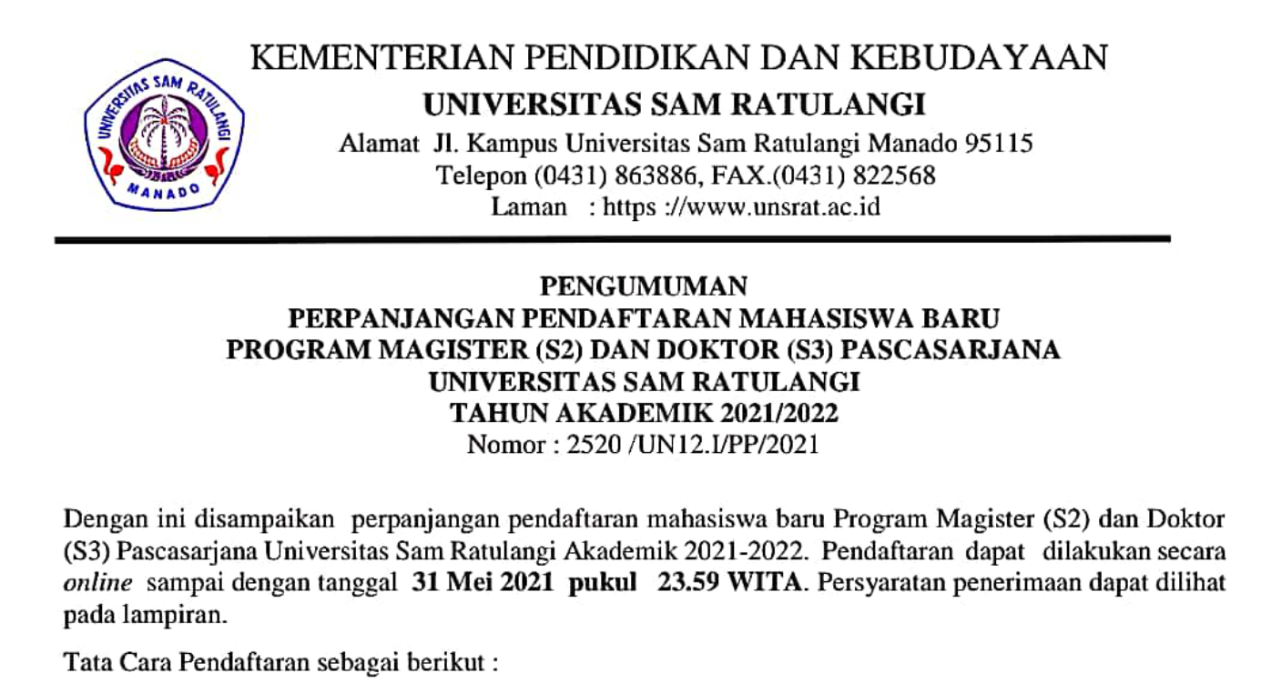 Pengumuman Perpanjangan Pendaftaran Mahasiswa Baru Program Magister dan Doktor Pascasarjana UNSRAT 2021/2022