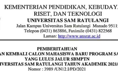 Pemberitahuan Pendaftaran Kembali Calon Mahasiswa Baru program Sarjana (S1) Yang Lulus Jalur SBMPTN Tahun Akademik 2021/2022