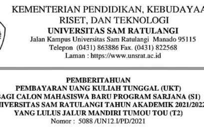 Pembayaran UKT Bagi Calon Mahasiswa Baru S1 Yang Lulus Jalur Mandiri Tumou Tou 2021