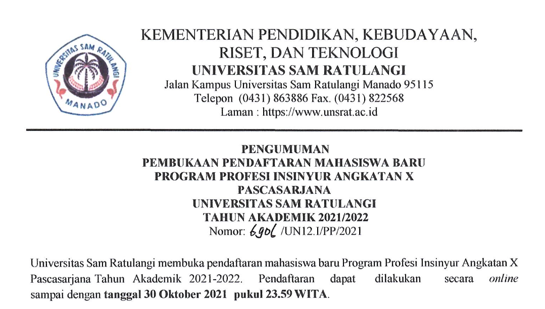 Pengumuman Pembukaan Pendaftaran Mahasiswa Baru Program Profesi Insinyur Angkatan X Pascasarjana UNSRAT TA 2021/2022