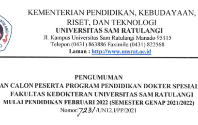 Pengumuman Penerimaan Calon peserta Program Pendidikan Dokter Spesialis (PPDS-1) Fakultas Kedokteran UNSRAT Semester Genap 2021/2022