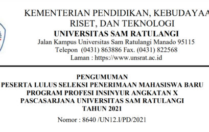 Pengumuman Peserta Lulus Seleksi Penerimaan Mahasiswa Baru Program Profesi Insinyur Angkatan X Pascasarjana UNSRAT Tahun 2021