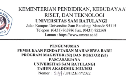 Pengumuman Pembukaan Pendaftaran Mahasiswa Baru Program Magister (S2) dan Doktor (S3) Pascasarjana UNSRAT TA 2022/2023