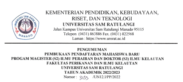 Pengumuman Pembukaan Pendaftaran Mahasiswa Baru Program Magister (S2) Ilmu Perairan dan Doktor (S3) Ilmu Kelautan Fakultas Perikanan dan Ilmu kelautan UNSRAT Tahun Akademik 2022/2023