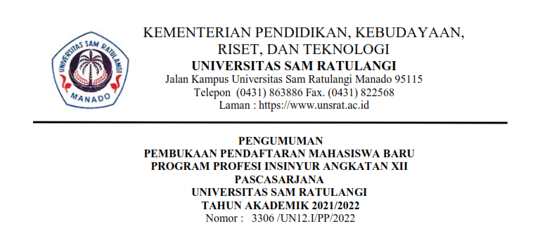 Pengumuman Pembukaan Pendaftaran Mahasiswa Baru Program Profesi Insinyur Angkatan XII Pascasarjana UNSRAT Tahun Akademik 2021 2022