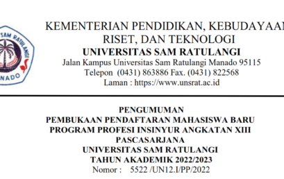 Pengumuman Pembukaan Pendaftaran Mahasiswa Baru Program Profesi Insinyur Angkatan XIII Pascasarjana UNSRAT Tahun Akademik 2022/2023