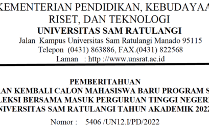 Pemberitahuan Pendaftaran Kembali Calon Mahasiswa Baru program Sarjana (S1) Yang Lulus Jalur SBMPTN Tahun Akademik 2022/2023