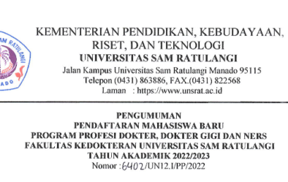 Pengumuman Pendaftaran Mahasiswa Baru Program Profesi Dokter, Dokter Gigi dan Ners Fakultas Kedokteran UNSRAT Tahun Akademik 2022/2023