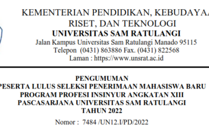 Pengumuman Peserta Lulus Seleksi Penerimaan Mahasiswa Baru Program Profesi Insinyur Angkatan XIII Pascasarjana UNSRAT Tahun 2022