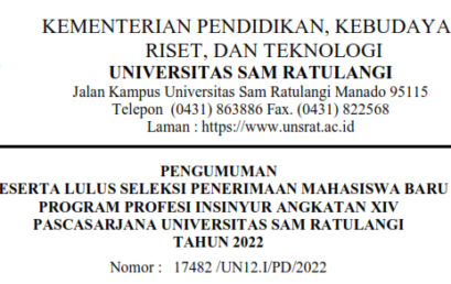 Pengumuman Peserta Lulus Seleksi Penerimaan Mahasiswa Baru Program Profesi Insinyur Angkatan XIV Pascasarjana Universitas Sam Ratulangi Tahun 2022