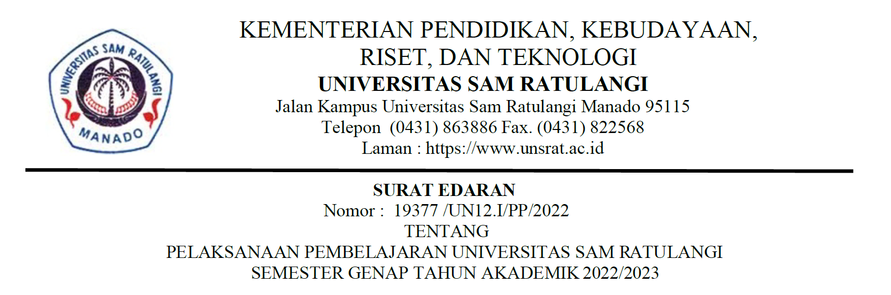 Surat Edaran Tentang Pelaksanaan Pembelajaran Universitas Sam Ratulangi Semester Genap Tahun Akademik 2022/2023