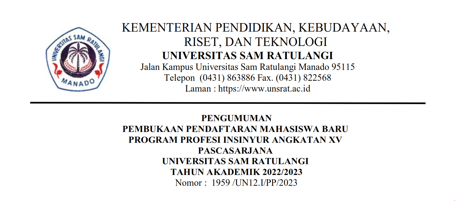 Pengumuman Pembukaan Pendaftaran Mahasiswa Baru Program Profesi Insinyur Angkatan XV Pascasarjana Universitas Sam Ratulangi Tahun Akademik 2022/2023