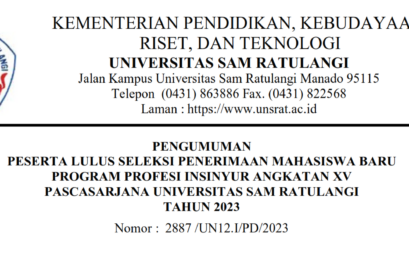 Pengumuman Peserta Lulus Seleksi Penerimaan Mahasiswa Baru Program Profesi Insinyur Angkatan XV Pascasarjana Universitas Sam Ratulangi Tahun 2023