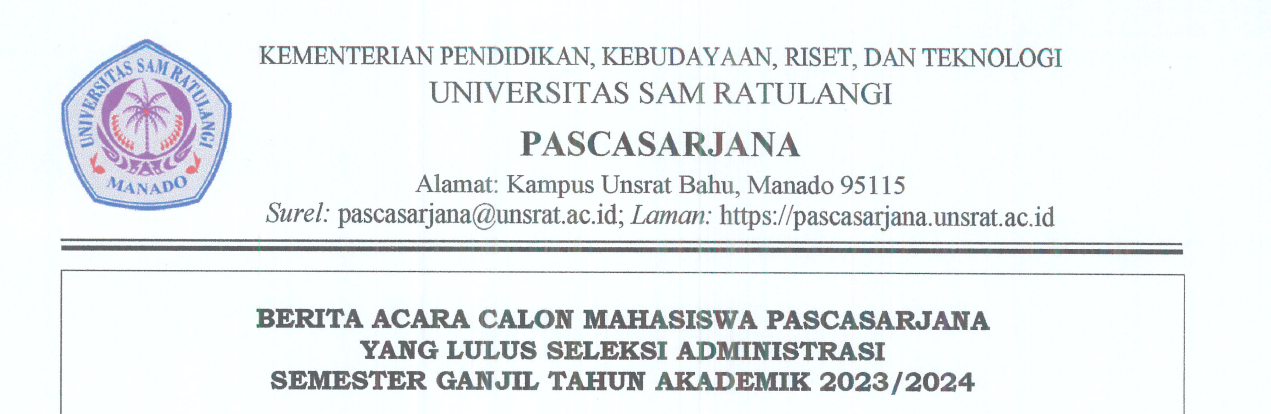 Berita Acara Calon Mahasiswa Pascasarjana yang Lulus Seleksi Administrasi Semester Ganjil Tahun Akademik 2023/2024