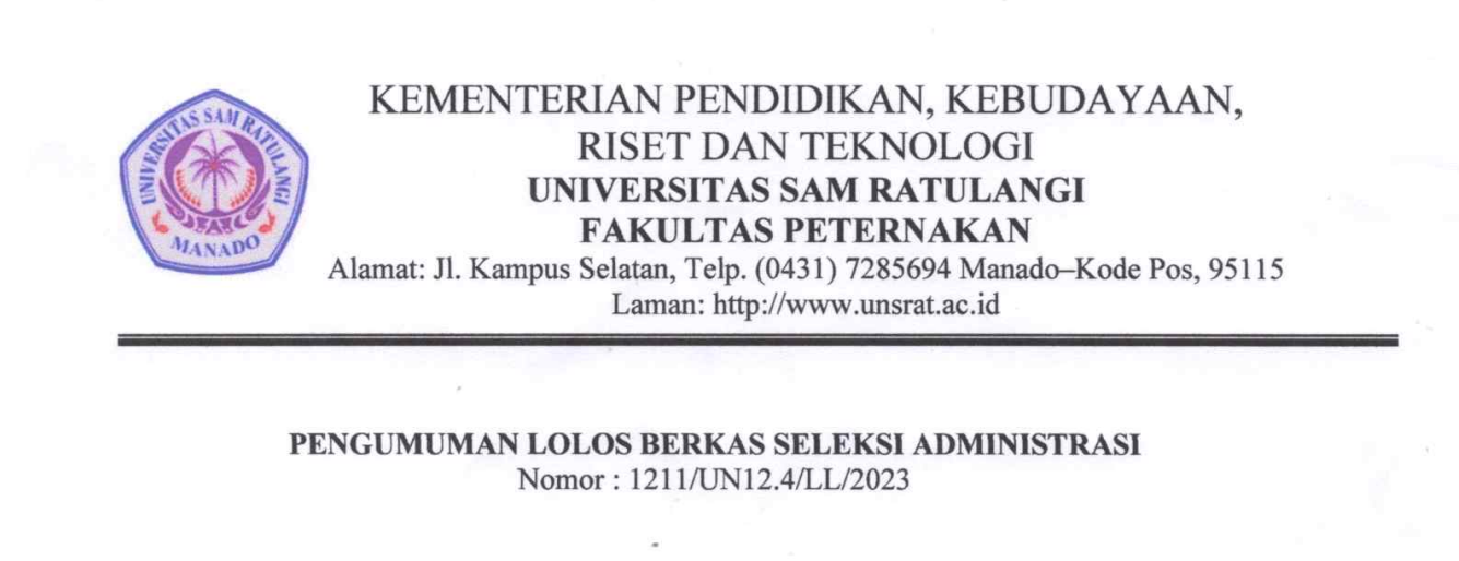 Pengumuman Lolos Berkas Seleksi Administrasi Program Studi Peternakan Program Magister Universitas Sam Ratulangi Semester Gasal Tahun Akademik 2023/2024