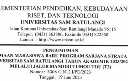 Pengumuman Penerimaan Mahasiswa Baru Program Sarjana Strata 1 (S1) Universitas Sam Ratulangi Tahun Akademik 2023/2024 Melalui Jalur Mandiri Tumou Tou (T2)
