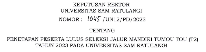 Peserta Lulus Seleksi Jalur Mandiri Tumou Tou (T2) Tahun 2023