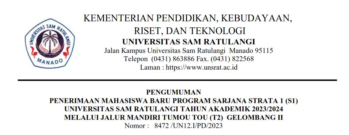 Pengumuman Penerimaan Mahasiswa Baru Program Sarjana Strata S Universitas Sam Ratulangi