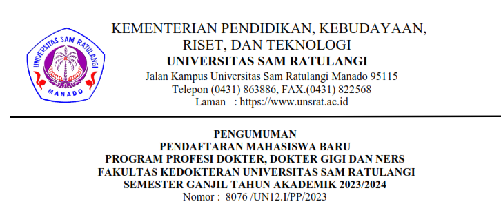 Pengumuman Pendaftaran Mahasiswa Baru Program Profesi Dokter, Dokter Gigi dan Ners Fakultas Kedokteran Universitas Sam Ratulangi Semester Ganjil Tahun Akademik 2023/2024