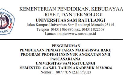 Pengumuman Pembukaan Pendaftaran Mahasiswa Baru Program Profesi Insinyur Angkatan XVII Pascasarjana, UNSRAT Semester Ganjil Tahun AKademik 2023/2024