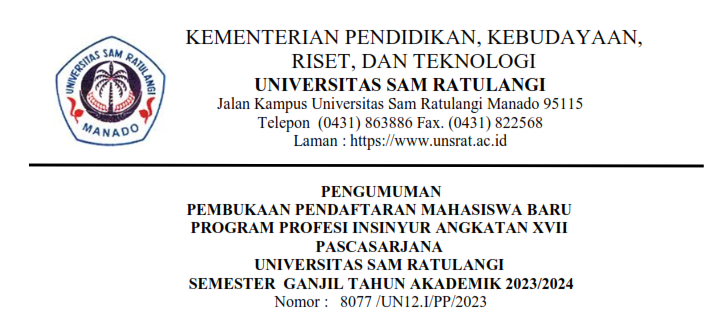 Pengumuman Pembukaan Pendaftaran Mahasiswa Baru Program Profesi Insinyur Angkatan XVII Pascasarjana, UNSRAT Semester Ganjil Tahun AKademik 2023/2024