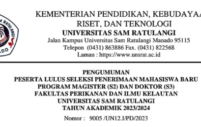 Pengumuman Peserta Lulus Seleksi Penerimaan Mahasiswa Baru Program Magister (S2) dan Doktor (S3) Fakultas Perikanan dan Ilmu Kelautan Universitas Sam Ratulangi Tahun Akademik 2023/2024