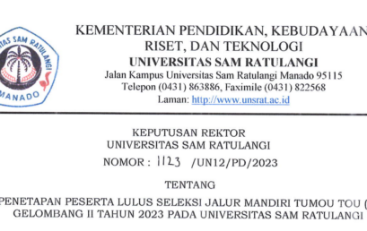 Penetapan Peserta Lulus Seleksi Jalur Mandiri Tumou Tou (T2) Gelombang II Tahun 2023 Pada Universitas Sam Ratulangi