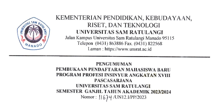 Pengumuman Pembukaan Pendaftaran Mahasiswa Baru Program Profesi Insinyur Angkatan XVIII Pascasarjana UNSRAT Semester Ganjil Tahun Akademik 2023 2024