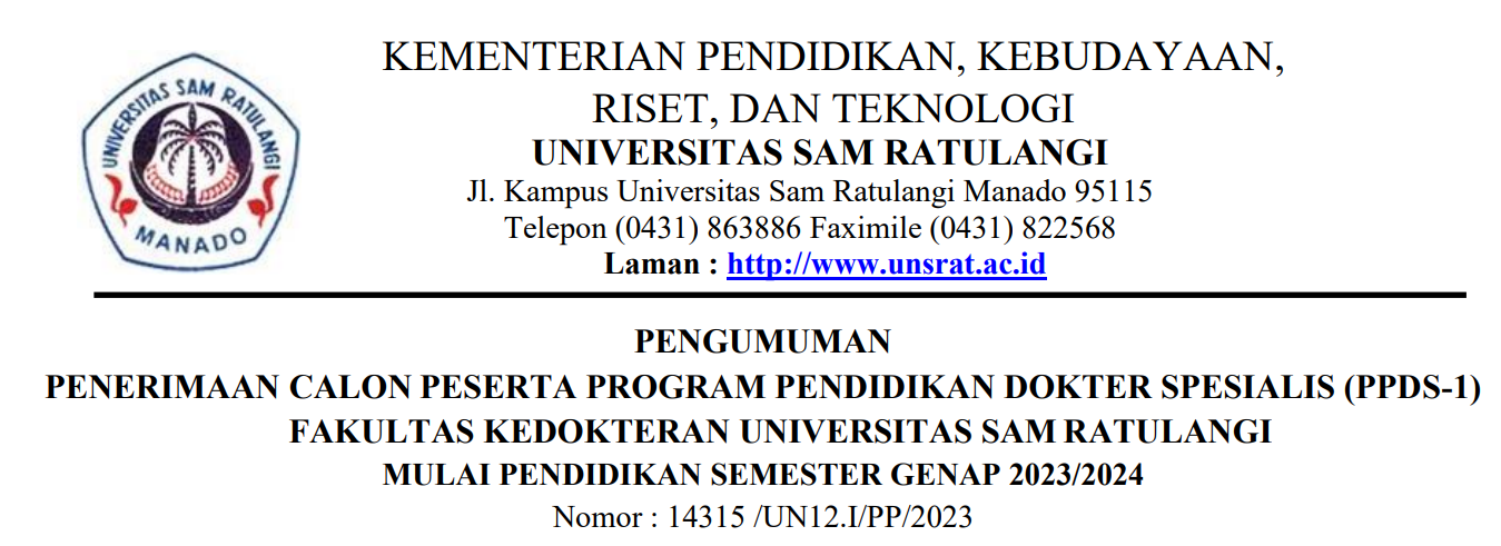 Pengumuman Penerimaan Calon Peserta Program Pendidikan Dokter Spesialis (PPDS-1) Fakultas Kedokteran Universitas Sam Ratulangi Mulai Pendidikan Semester Genap 2023/2024