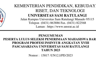 Pengumuman Peserta Lulus Seleksi Penerimaan Mahasiswa Baru Program Profesi Insinyur Angkatan XVIII Pascasarjana Universitas Sam Ratulangi Tahun 2023