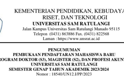 Pengumuman Pembukaan Pendaftaran Mahasiswa Baru Program Doktor (S3), Magister (S2), dan Profesi Akuntan Universitas Sam Ratulangi Semester Genap Tahun Akademik 2023/2024
