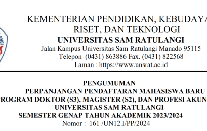 Pengumuman Perpanjangan Pendaftaran Mahasiswa Baru Program Doktor (S3), Magister (S2) dan Profesi Akuntan Universitas Sam Ratulangi Semester Genap Tahun Akademik 2023/2024