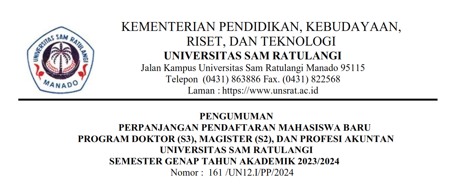 Pengumuman Perpanjangan Pendaftaran Mahasiswa Baru Program Doktor (S3), Magister (S2) dan Profesi Akuntan Universitas Sam Ratulangi Semester Genap Tahun Akademik 2023/2024