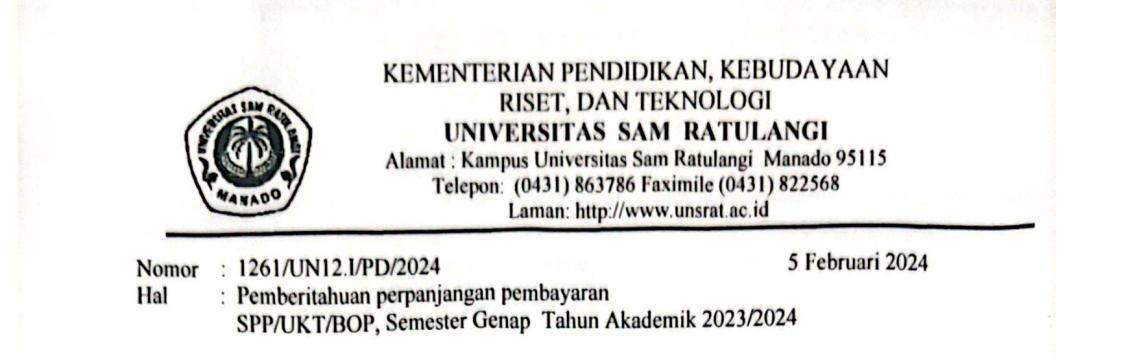 Pemberitahuan Perpanjangan Pembayaran SPP/UKT/BOP Semester Genap Tahun Akademik 2023/2024