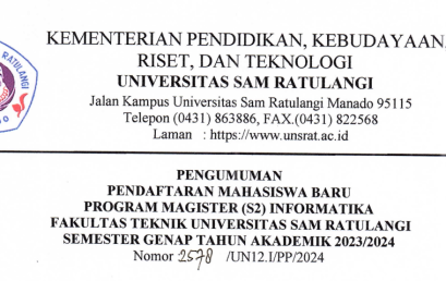 Pengumuman Pendaftaran mahasiswa Baru Program Magister (S2) Informatika Fakultas Teknik Universitas Sam Ratulangi Semester Genap Tahun Akademik 2023/2024