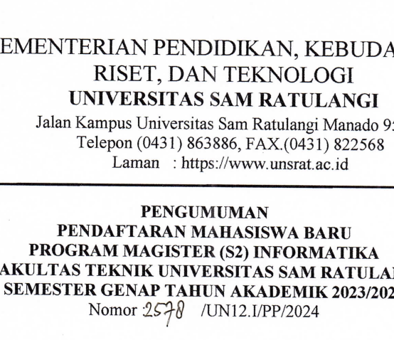 Pengumuman Pendaftaran mahasiswa Baru Program Magister (S2) Informatika Fakultas Teknik Universitas Sam Ratulangi Semester Genap Tahun Akademik 2023/2024