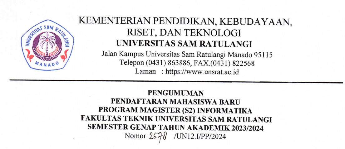 Announcement of New Student Registration for the Masters (S2) Informatics Program, Faculty of Engineering, Sam Ratulangi University, Even Semester, Academic Year 2023/2024