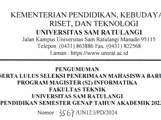 Pengumuman Peserta Lulus Seleksi Penerimaan Mahasiswa Baru Program Magister (S2) Informatika Fakultas Teknik Universitas Sam Ratulangi Mulai Pendidikan Semester Genap Tahun Akademik 2023/2024