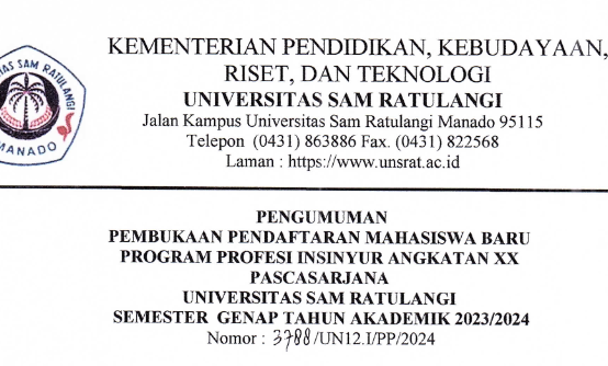 Pengumuman Pembukaan Pendaftaran Mahasiswa Baru Program Profesi Insinyur Angkatan XX Pascasarjana Universitas Sam Ratulangi Semester Genap Tahun Akademik 2023/2024