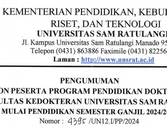 Pengumuman Penerimaan Calon Peserta Program Pendidikan Dokter Spesialis (PPDS-1) Fakultas Kedokteran Universitas Sam Ratulangi Mulai Pendidikan Semester Ganjil 2024/2025