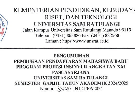 Pengumuman Pembukaan Pendaftaran Mahasiswa Baru Program Profesi Insinyur Angkatan XXI Pascasarjana Universitas Sam Ratulangi Semester Ganjil Tahun Akademik 2024/2025