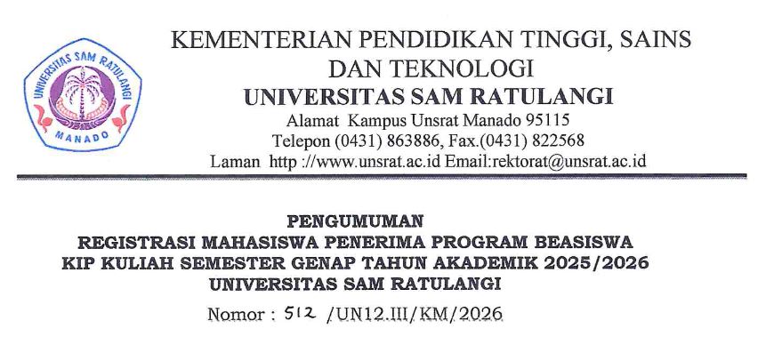 Pengumuman Registrasi Mahasiswa Penerima Program Beasiswa Kuliah Semester Genap Tahun Akademik 2025/2026 Universitas Sam Ratulangi
