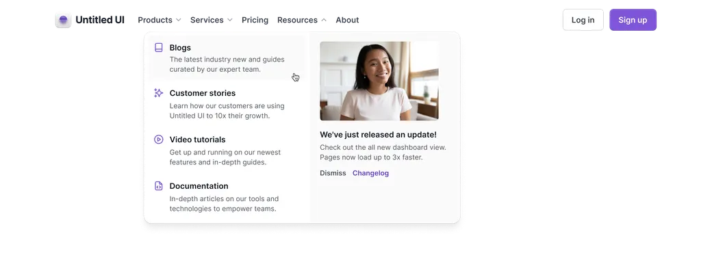 Header dropdown feature card