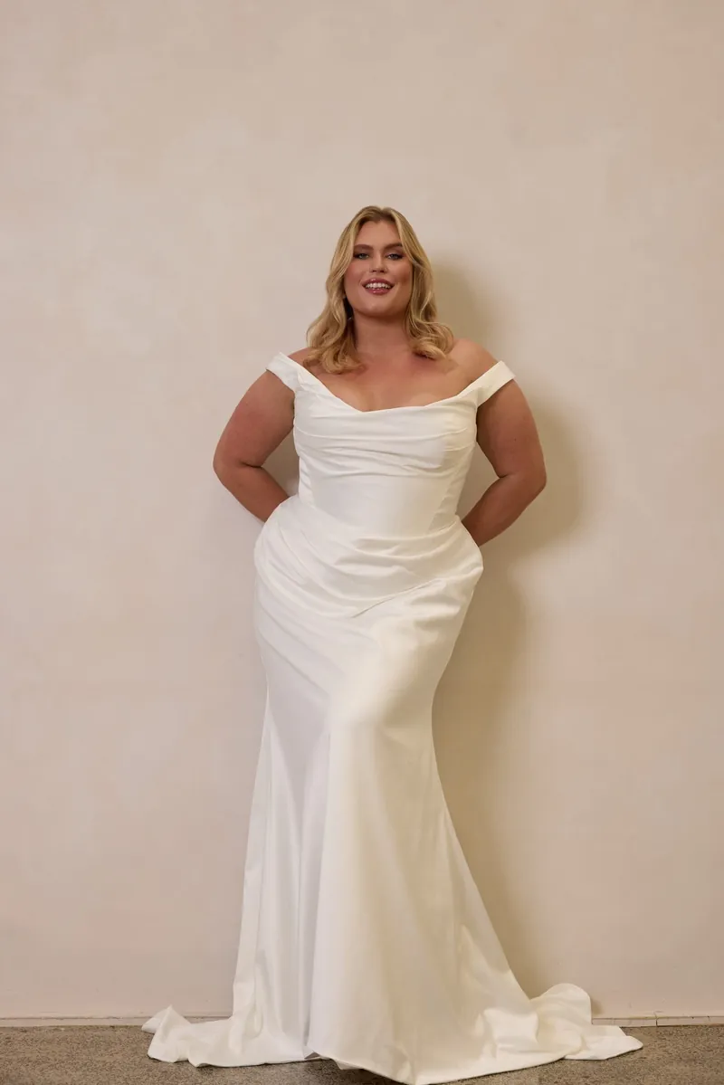 Satin Off-The-Shoulder Fit And Flare Wedding Dress by Kleinfeld, fit & flare wedding dress